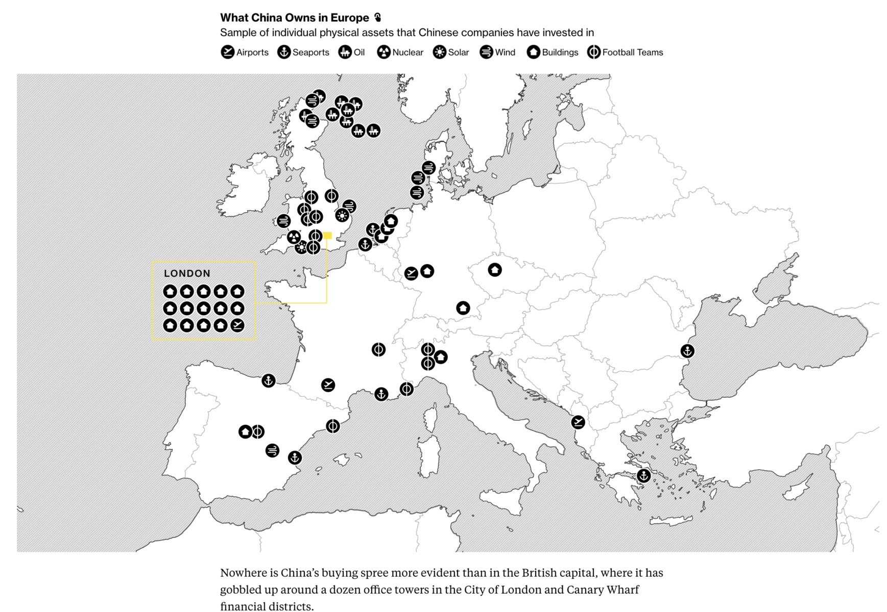 La mappa degli investimenti cinesi  in Europa (Bloomberg)